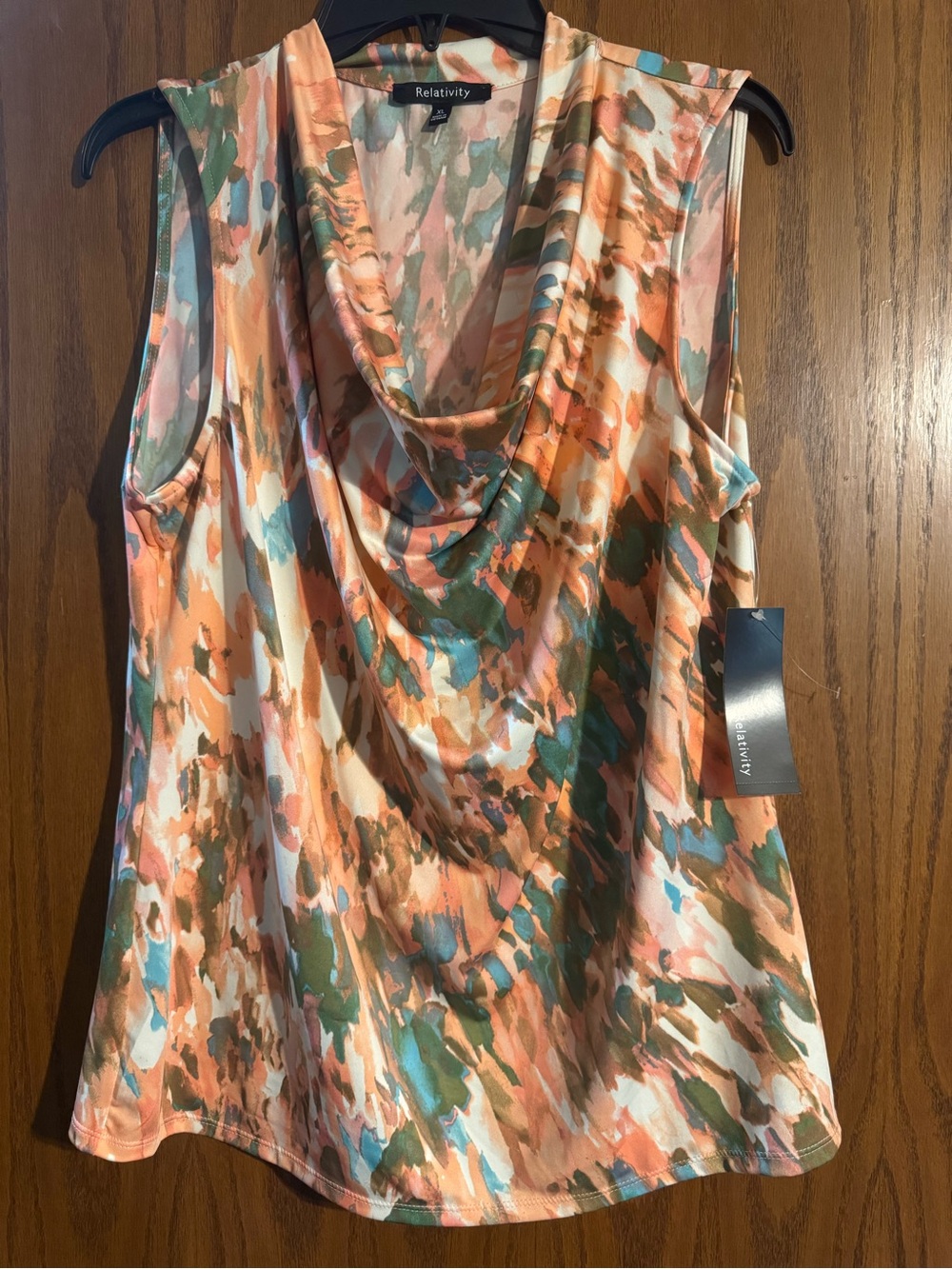 Relativity Sleeveless Cowl Neck Camisole in Coral, Teal & Cream Abstract